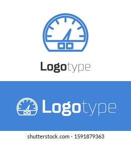 Blue line Speedometer icon isolated on white background. Logo design template element. Vector Illustration