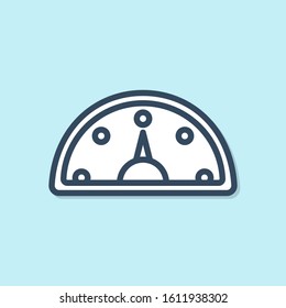 Blue line Speedometer icon isolated on blue background.  Vector Illustration