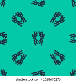 Blue line Spider icon isolated seamless pattern on green background. Happy Halloween party.  Vector Illustration