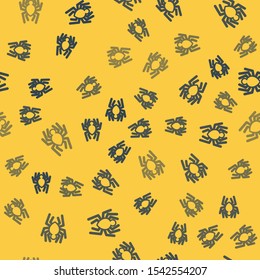 Blue line Spider icon isolated seamless pattern on yellow background. Happy Halloween party.  Vector Illustration