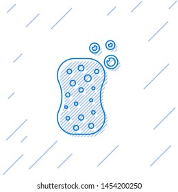 Blue line Sponge with bubbles icon isolated on white background. Wisp of bast for washing dishes. Cleaning service logo.  Vector Illustration