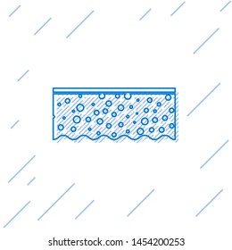 Blue line Sponge with bubbles icon isolated on white background. Wisp of bast for washing dishes. Cleaning service logo.  Vector Illustration