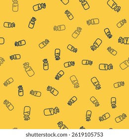 Blue line Sport bottle with water icon isolated seamless pattern on yellow background.  Vector