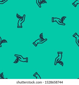 Blue line Sprout in hand of environmental protection icon isolated seamless pattern on green background. Seed and seedling. Planting sapling. Ecology concept.  Vector Illustration
