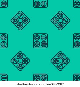 Blue line Square root icon isolated seamless pattern on green background.  Vector Illustration