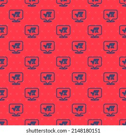 Blue line Square root of x glyph icon isolated seamless pattern on red background. Mathematical expression.  Vector