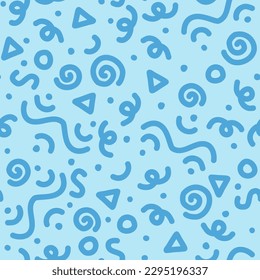 Blue line squiggle doodle seamless pattern in memphis style, abstract vector illustration