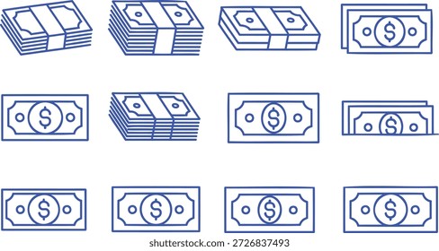 Pilhas de linhas azuis de notas de dólar e notas simples de dinheiro