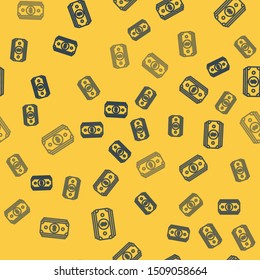 Blue line Stacks paper money cash icon isolated seamless pattern on yellow background. Money banknotes stacks. Bill currency.  Vector Illustration