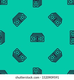 Blue line Stacks paper money cash icon isolated seamless pattern on green background. Money banknotes stacks. Bill currency.  Vector Illustration