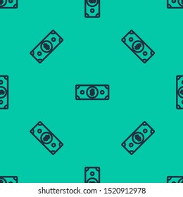 Blue line Stacks paper money cash icon isolated seamless pattern on green background. Money banknotes stacks. Bill currency.  Vector Illustration