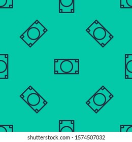 Blue line Stacks paper money cash icon isolated seamless pattern on green background. Money banknotes stacks. Bill currency.  Vector Illustration