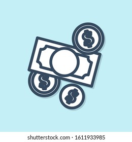 Blue line Stacks paper money cash and coin money with dollar symbol icon isolated on blue background. Money banknotes stacks.  Vector Illustration