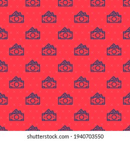 Blue Line Stacks Paper Money Cash Icon Isolated Seamless Pattern On Red Background. Money Banknotes Stacks. Bill Currency.  Vector