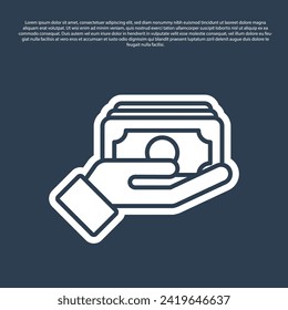 Blue line Stacks paper money cash in hand icon isolated on blue background. Insurance concept. Money banknotes stacks. Bill currency.  Vector