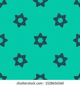 Blue line Star of David icon isolated seamless pattern on green background. Jewish religion symbol. Symbol of Israel.  Vector Illustration