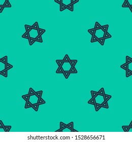 Blue line Star of David icon isolated seamless pattern on green background. Jewish religion symbol. Symbol of Israel.  Vector Illustration