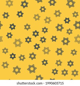 Blue line Star of David icon isolated seamless pattern on yellow background. Jewish religion symbol. Symbol of Israel.  Vector