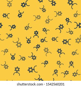 Blue line Star of David necklace on chain icon isolated seamless pattern on yellow background. Jewish religion symbol. Symbol of Israel. Jewellery and accessory.  Vector Illustration