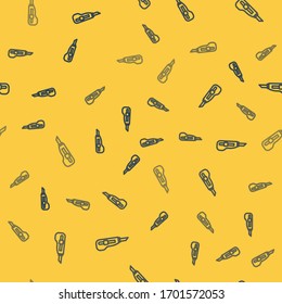 Blue line Stationery knife icon isolated seamless pattern on yellow background. Office paper cutter.  Vector Illustration