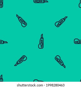 Blue line Stationery knife icon isolated seamless pattern on green background. Office paper cutter.  Vector Illustration