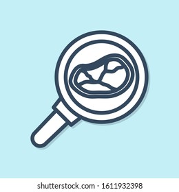 Blue line Steak meat in frying pan icon isolated on blue background.  Vector Illustration