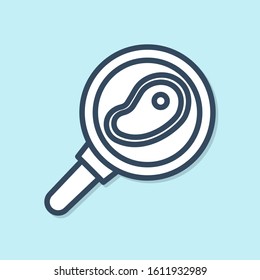 Blue line Steak meat in frying pan icon isolated on blue background.  Vector Illustration