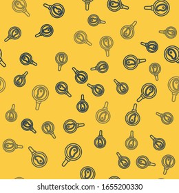 Blue line Steak meat in frying pan icon isolated seamless pattern on yellow background.  Vector Illustration