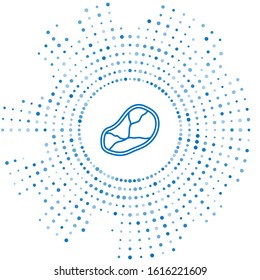Blue line Steak meat icon isolated on white background. Abstract circle random dots. Vector Illustration