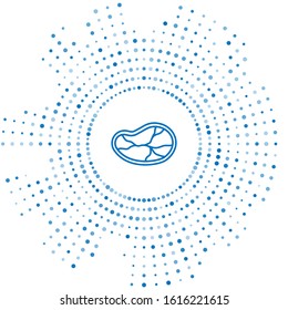Blue line Steak meat icon isolated on white background. Abstract circle random dots. Vector Illustration