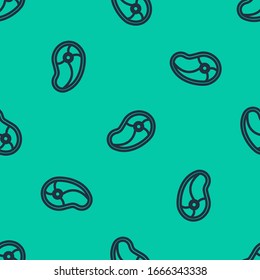 Blue line Steak meat icon isolated seamless pattern on green background.  Vector Illustration