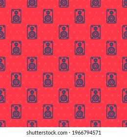 Blue line Stereo speaker icon isolated seamless pattern on red background. Sound system speakers. Music icon. Musical column speaker bass equipment.  Vector Illustration