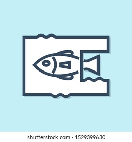 Blue line Stop ocean plastic pollution icon isolated on blue background. Environment protection concept. Fish say no to plastic.  Vector Illustration