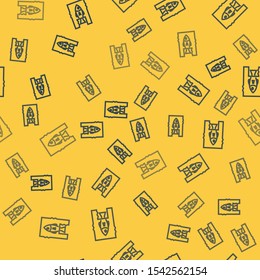 Blue line Stop ocean plastic pollution icon isolated seamless pattern on yellow background. Environment protection concept. Fish say no to plastic.  Vector Illustration