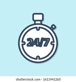 Blue line Stopwatch 24 hours icon isolated on blue background. All day cyclic icon. 24 hours service symbol.  Vector Illustration