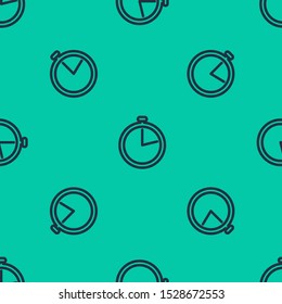 Blue line Stopwatch icon isolated seamless pattern on green background. Time timer sign.  Vector Illustration
