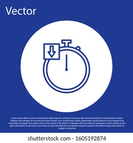 Blue line Stopwatch icon isolated on blue background. Time timer sign. Chronometer. White circle button. Vector Illustration