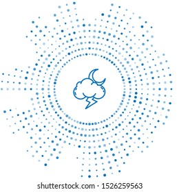 Blue line Storm icon isolated on white background. Cloud with lightning and moon sign. Weather icon of storm. Abstract circle random dots. Vector Illustration