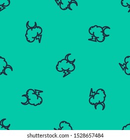 Blue line Storm icon isolated seamless pattern on green background. Cloud with lightning and moon sign. Weather icon of storm.  Vector Illustration