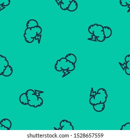 Blue line Storm icon isolated seamless pattern on green background. Cloud with lightning and sun sign. Weather icon of storm.  Vector Illustration