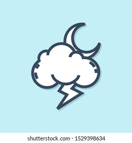 Blue line Storm icon isolated on blue background. Cloud with lightning and moon sign. Weather icon of storm.  Vector Illustration