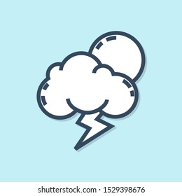 Blue line Storm icon isolated on blue background. Cloud with lightning and sun sign. Weather icon of storm.  Vector Illustration
