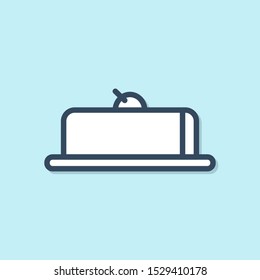 Blue line Strawberry cheesecake slice with fruit topping icon isolated on blue background.  Vector Illustration