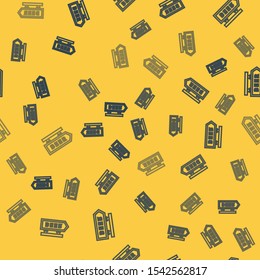 Blue line Street signboard with inscription Beer icon isolated seamless pattern on yellow background. Suitable for advertisements bar, cafe, pub, restaurant.  Vector Illustration