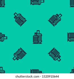 Blue line Suitcase for travel icon isolated seamless pattern on green background. Traveling baggage sign. Travel luggage icon.  Vector Illustration