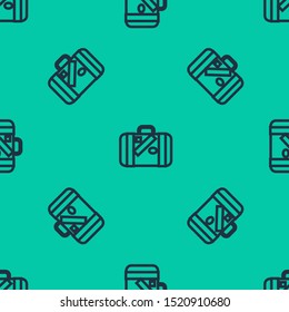 Blue line Suitcase for travel and stickers icon isolated seamless pattern on green background. Traveling baggage sign. Travel luggage icon.  Vector Illustration