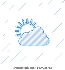 Blue line Sun and cloud weather icon isolated on white background.  Vector Illustration