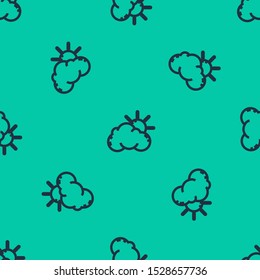 Blue line Sun and cloud weather icon isolated seamless pattern on green background.  Vector Illustration