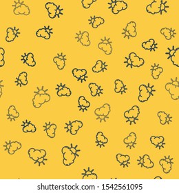 Blue line Sun and cloud weather icon isolated seamless pattern on yellow background.  Vector Illustration