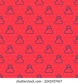 Blue line Sun and cloud weather icon isolated seamless pattern on red background.  Vector